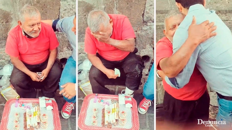 Tento muž seděl na ulici několik hodin a prodával sladkosti. Když k němu přišel neznámý muž, nemohl zadržet slzy